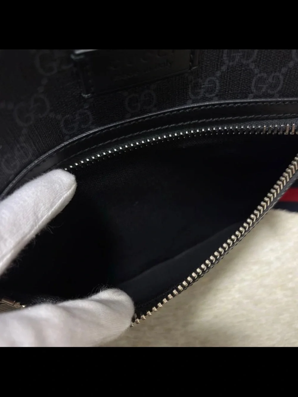 Gucci Black GG Supreme Messenger Bag with Navy & Red Web Strap